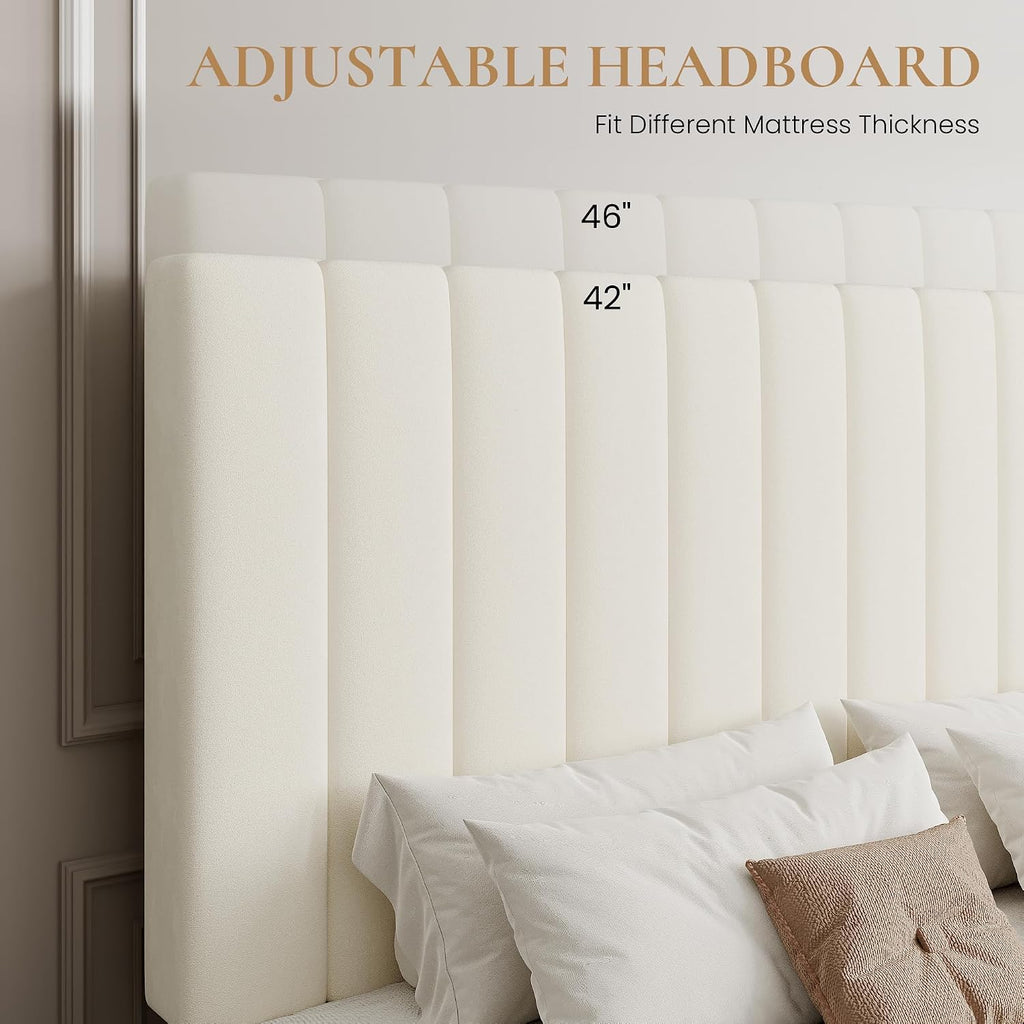 SHA CERLIN Queen Platform Bed Frame with 4 Storage Drawers, Vertical Channel Tufted Adjustable Headboard, Velvet Upholstered, Wooden Slats Support, No Box Spring Needed, Easy Assembly, Cream