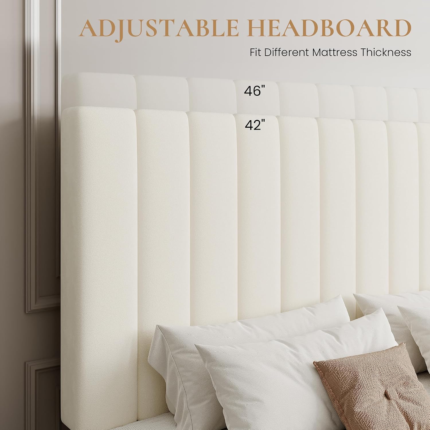 SHA CERLIN Queen Platform Bed Frame with 4 Storage Drawers, Vertical Channel Tufted Adjustable Headboard, Velvet Upholstered, Wooden Slats Support, No Box Spring Needed, Easy Assembly, Cream