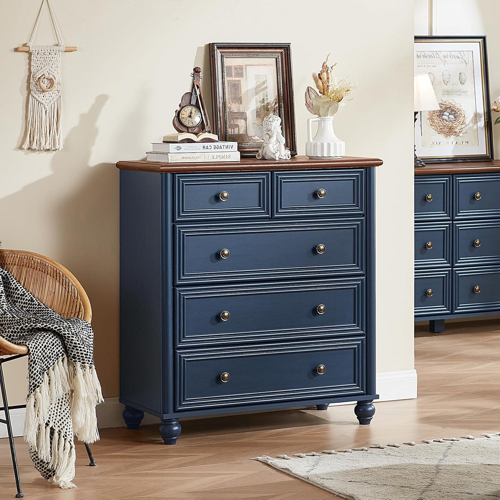 RWYHG Farmhouse 5 Drawer Dresser for Bedroom Set of 2, 35.5' Tall Small Dressers & Chest of Drawers, Rustic Wood Dresser with Roman Column, Storage Organizer for Living Room, Hallway, Closet (Blue)