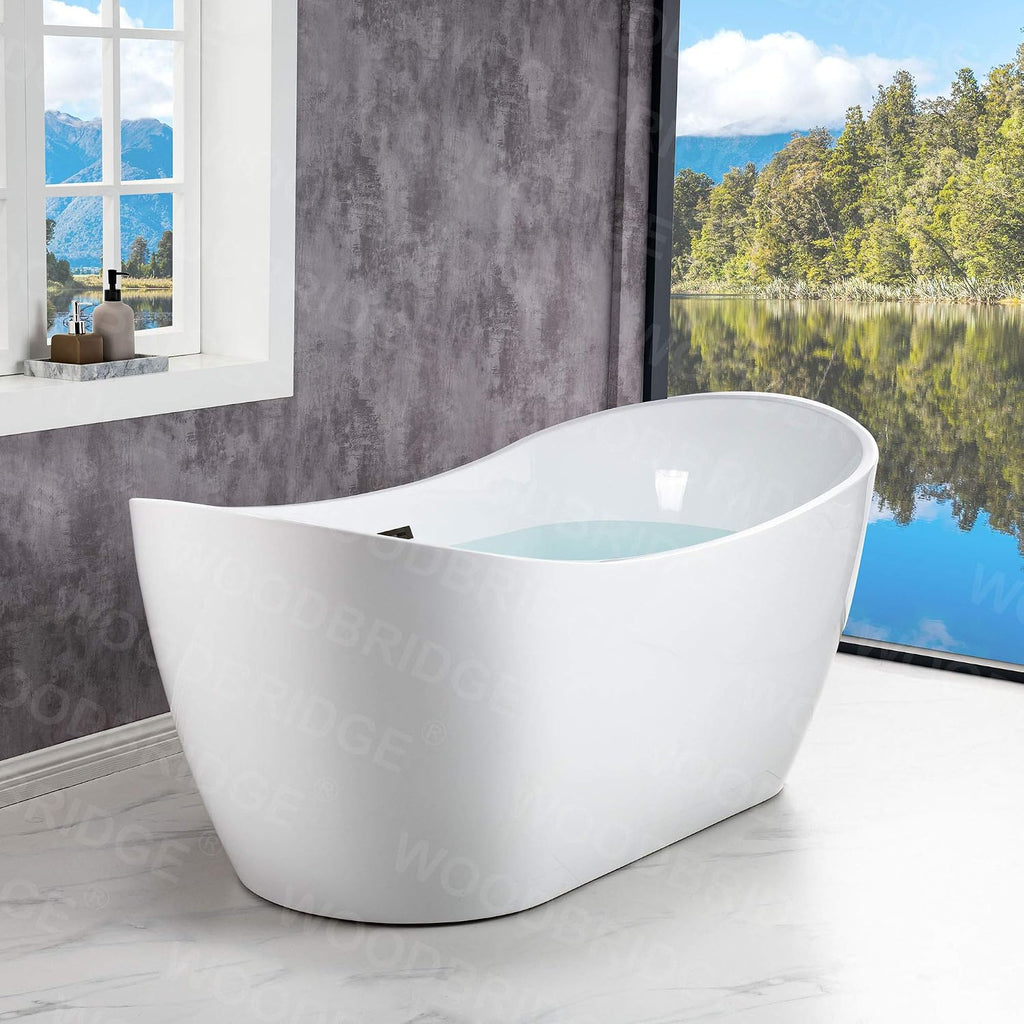 WOODBRIDGE 71'Freestanding White Acylic Soaking Bathtub with Matte Black Drain and Overflow,B0017 MB