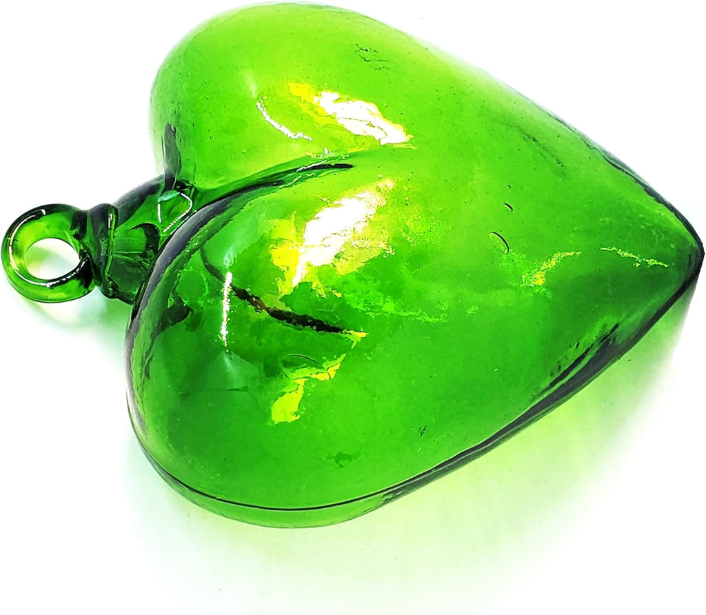 Green 5.1 inch Large Hanging Glass Hearts (Set of 6), Recycled Blown Glass Ornaments (LGE Green Hearts)
