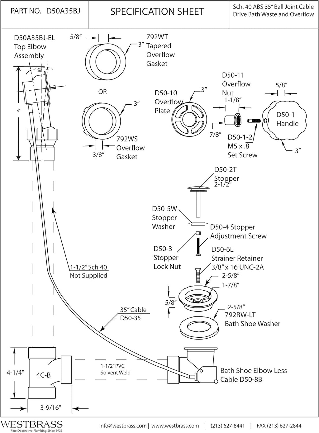 Westbrass Sch. 40 ABS 35 in. Cable Drive Bath Waste - Ball Joint Head, Stainless Steel, D50A35BJ-20