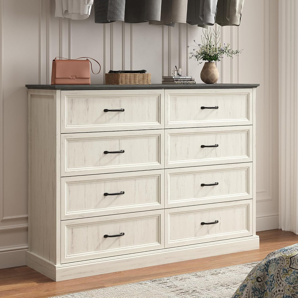 Tradare Farmhouse Dresser and Nightstand Sets 3 Piece, Nightstands Set of 2 & 8 Drawers Dresser for Bedroom, 55' Wide and 24' Inch Night Stand Set for Bedroom, Living Room, Hallway, White