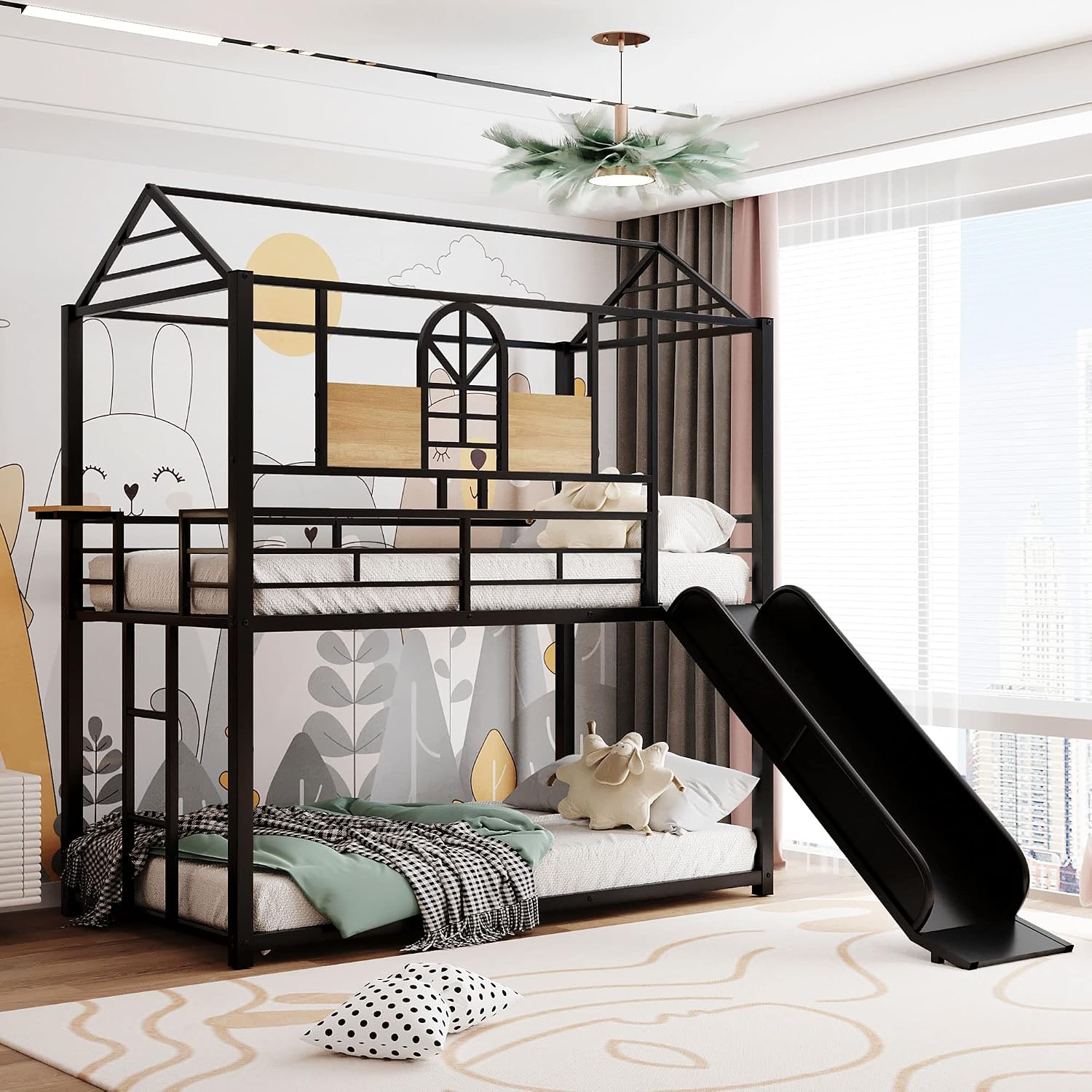 MERITLINE Metal Bunk Bed Twin Over Twin Bunk Bed Frame with Slide,Twin Over House Bed with Guardrails