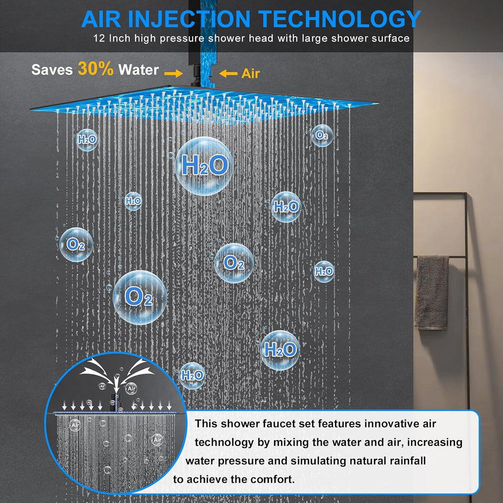 Shower Faucet Set, 12' Ceiling Mount Rainfall Shower System with 2 Rain Shower Head and Multi-function Handheld Head Push Button Diverter Shower Faucet Trim Kit (12', Oil Rubbed Bronze)