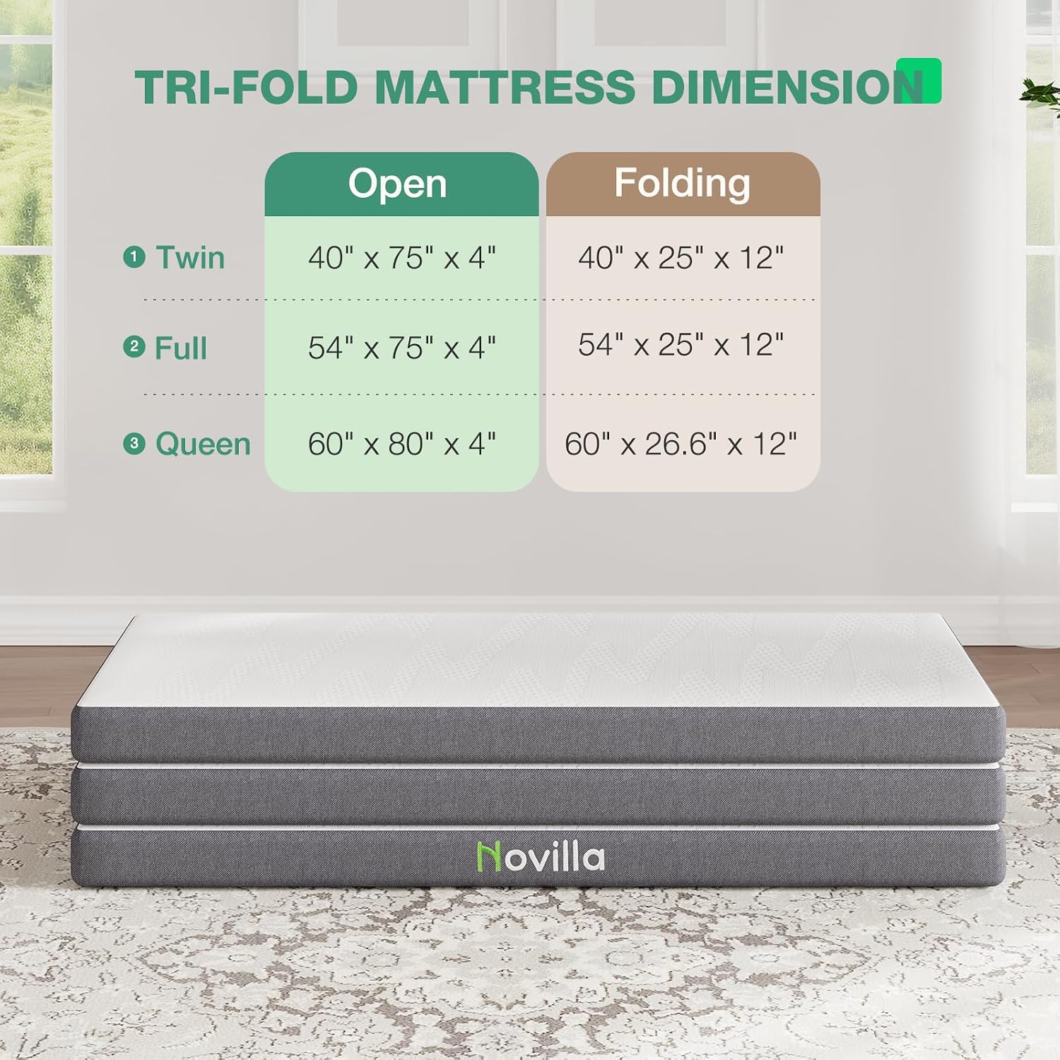 Novilla Tri Fold Mattress Queen, 4 Inch Gel Foam Memory Foam Mattress, Portable Trifold Mattress with Zipped Cover for Yaga, Fodable Mattress, Easy to Storage, Queen Size