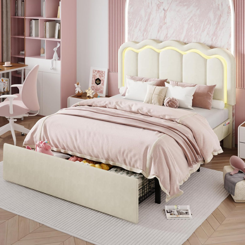 SHA CERLIN Upholstered Queen Size Bed Frame with LED Lights and Large Storage Drawer, Velvet Platform Bed with Adjustable Wavy Headboard, Noise Free, Easy Assembly, No Box Spring Needed, Soft Cream