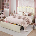 SHA CERLIN Upholstered Queen Size Bed Frame with LED Lights and Large Storage Drawer, Velvet Platform Bed with Adjustable Wavy Headboard, Noise Free, Easy Assembly, No Box Spring Needed, Soft Cream