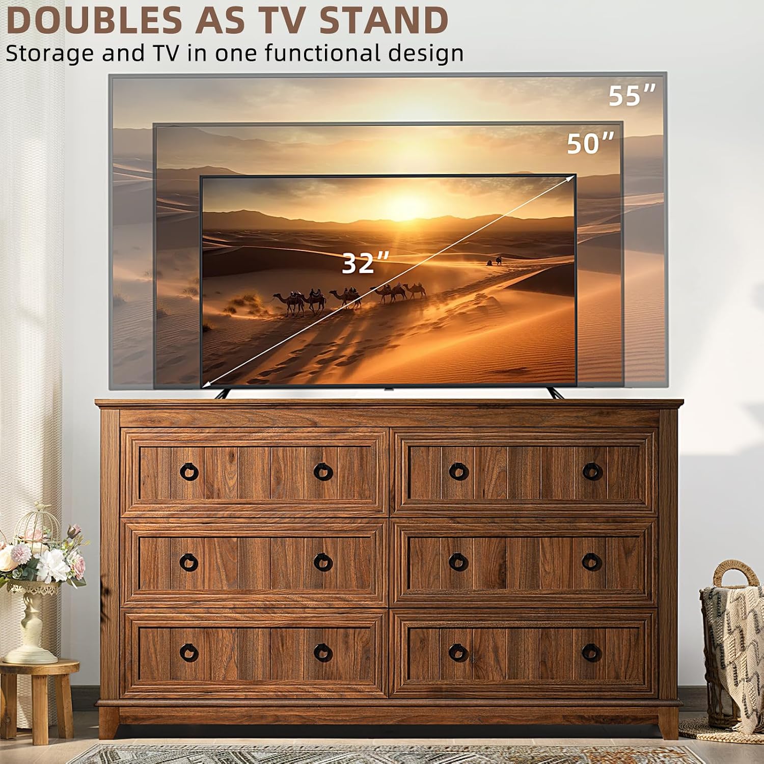 Joaxswe Farmhouse Dresser and Nightstand Sets 3 Piece, Nightstands Set of 2 and 6 Drawers Dresser for Bedroom, 54' Wide Dresser and 18' Inch Night Stand Set for Bedroom, Living Room, Hallway