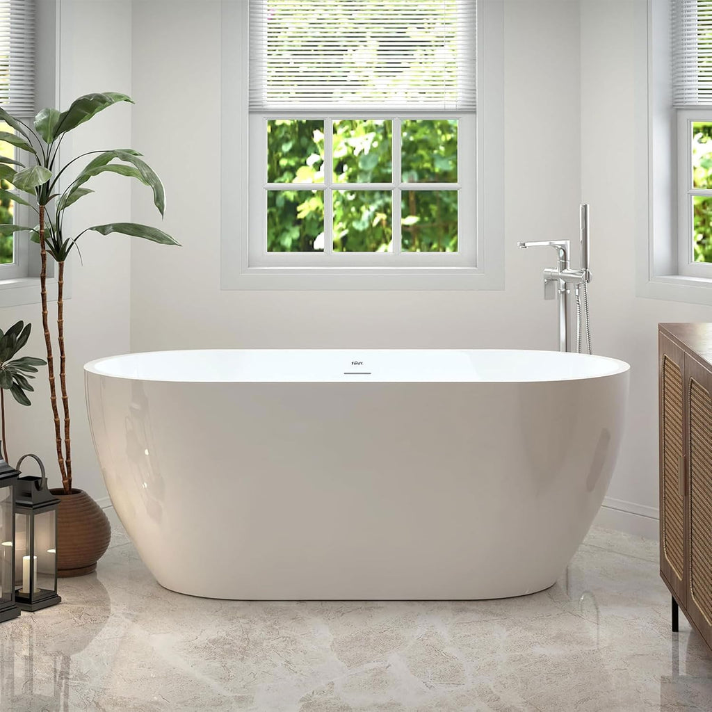 FerdY Bali 59' Acrylic Freestanding Bathtub, Gracefully Shaped Freestanding Soaking Bathtub with Brushed Nickel Drain & Minimalist Linear Design Overflow, Glossy White, cUPC Certified