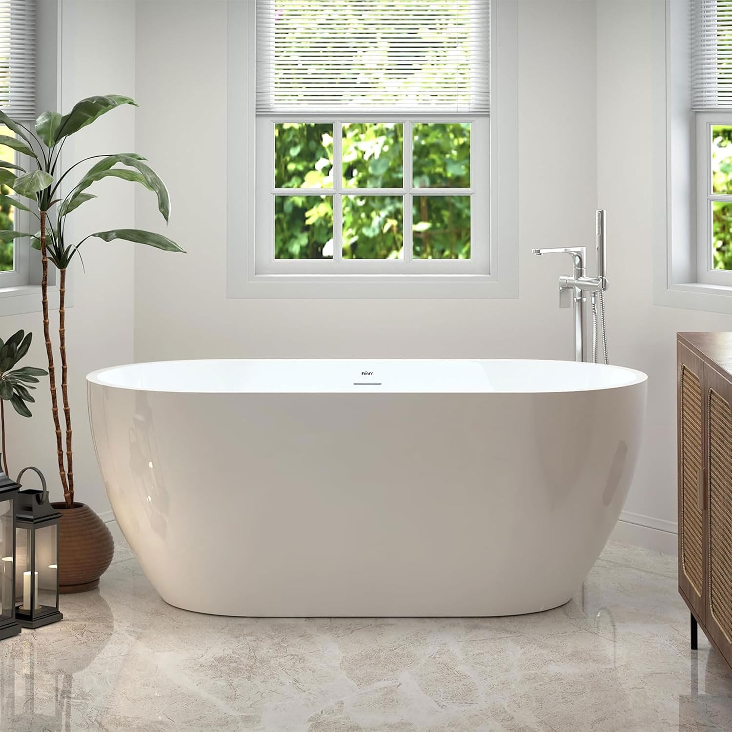 FerdY Bali 59' Acrylic Freestanding Bathtub, Gracefully Shaped Freestanding Soaking Bathtub with Brushed Nickel Drain & Minimalist Linear Design Overflow, Glossy White, cUPC Certified