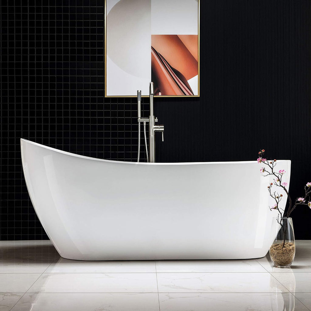 WOODBRIDGE 67' Acrylic Freestanding Bathtub Contemporary Soaking White Tub with Brushed Nickel Overflow and Drain,B-0001-BN