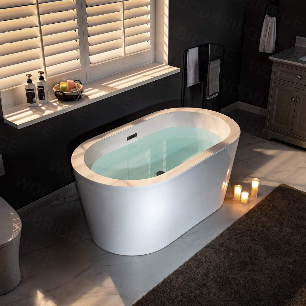 WOODBRIDGE 56' Acrylic Freestanding Bathtub Contemporary Soaking White Tub with Oil Rubbed Bronze Overflow and Drain，B0088 -ORB-Drain &O