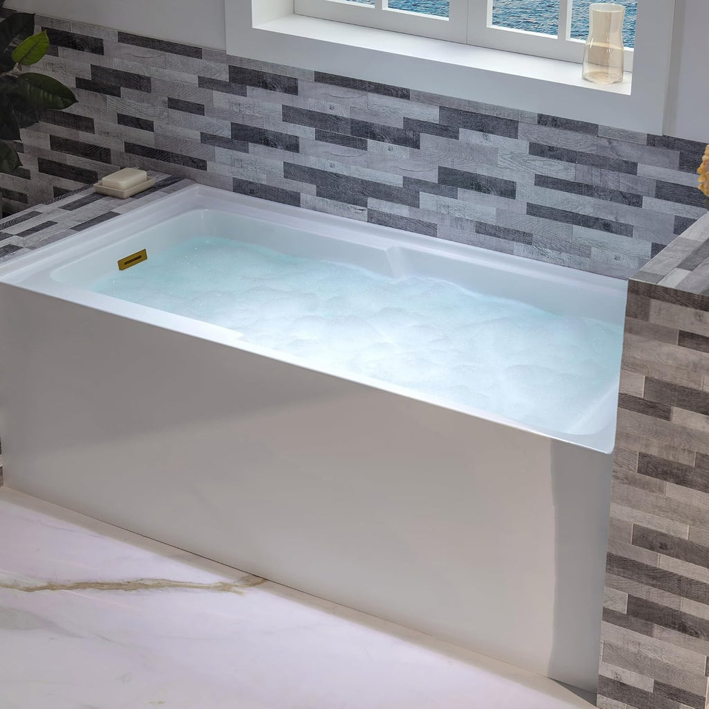 WOODBRIDGE 60' Acrylic Rectangular Alcove Soaking Bathtub in White with Left Drain, Brushed Gold pop-UP Drain Included BA6030L