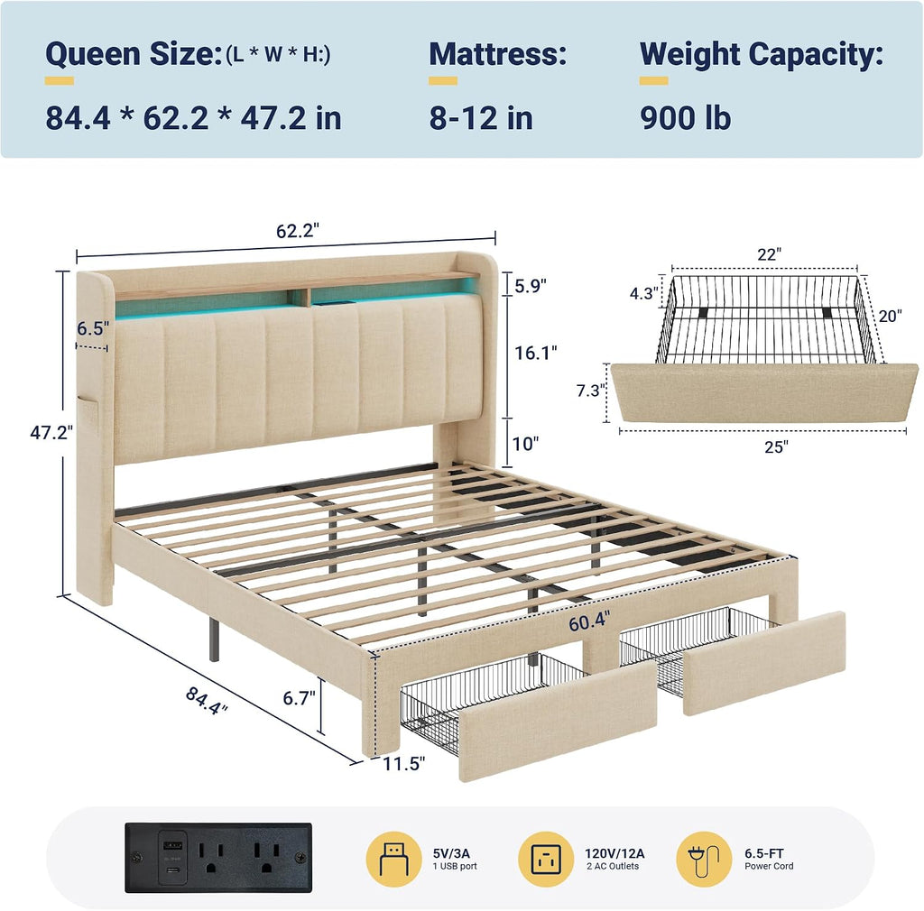 Allewie Vertical Tufted Queen Upholstered Platform Bed Frame with 2-Tier LED Storage Headboard & 2 Storage Drawers, USB & Type-C Charging Ports, Noise-Free/No Box Spring Needed, Beige
