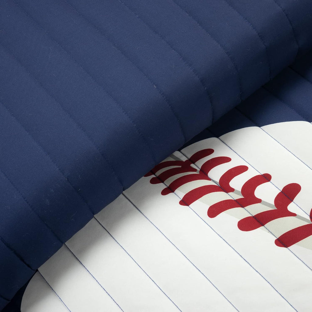 Lush Decor Baseball Game Reversible Quilt Queen Size 5 Piece Set Full/Queen Navy & Gray - Kids Bedding Set Full Quilt - Sports Decor - Baseball Bedding