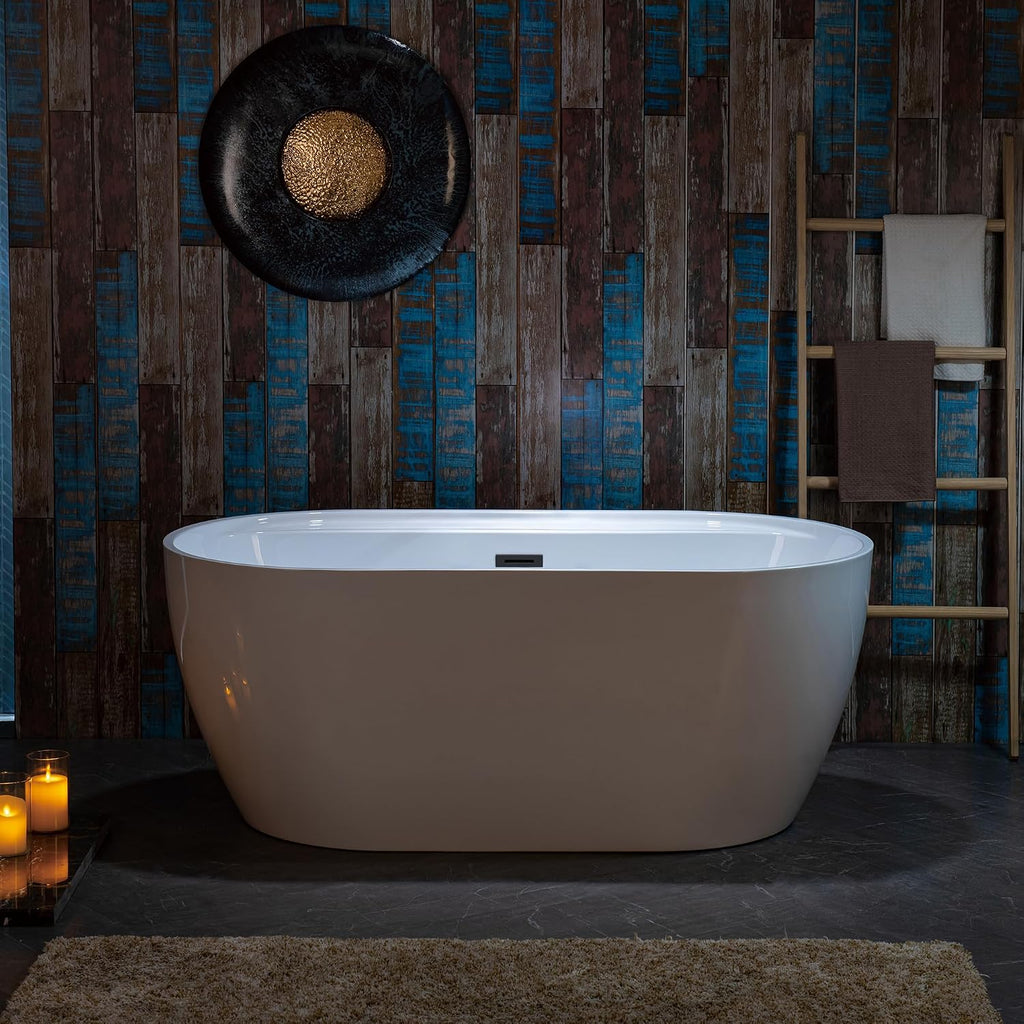 WOODBRIDGE 59' Acrylic Freestanding Bathtub Contemporary Soaking White Tub with Matte Black Overflow and Drain,White,B0064 MB
