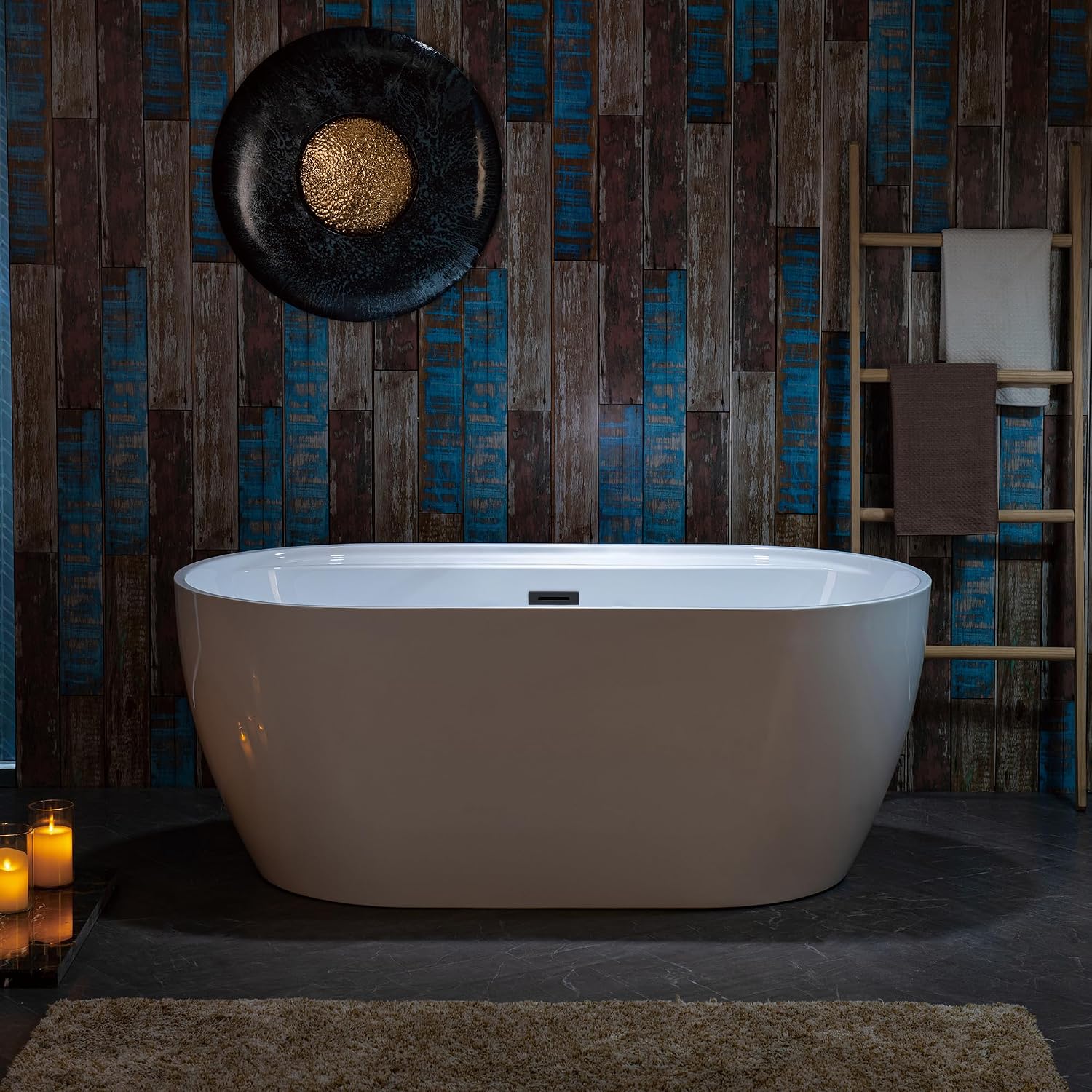 WOODBRIDGE 59' Acrylic Freestanding Bathtub Contemporary Soaking White Tub with Matte Black Overflow and Drain,White,B0064 MB