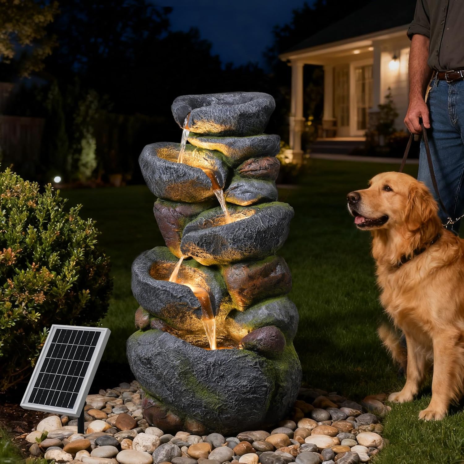 5-Tier Rock Solar Water Fountain Outdoor Garden, 36.2''Tall Cascading Natural Solar Powered Fountain Outdoor with LED Lights, Water Feature for Garden, Patio, Deck, Backyard Decor