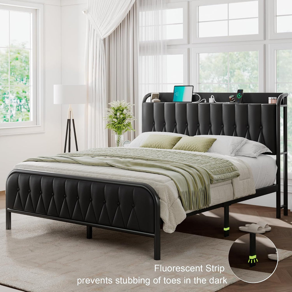 Queen Bed Frame with Fast Charging Station, Leather Queen Size Metal Platform Beds with Upholstered Headboard & Footboard,12' Underbed Storage Space,Easy Assembly,Noise-Free,Black