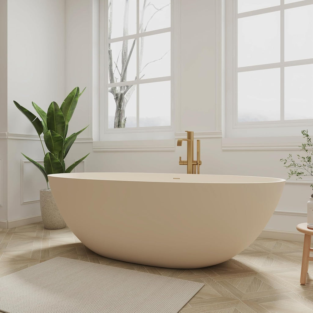 SJ STAR&JANE 65' Solid Surface Freestanding Bathtub, Oval Soaking Tub with Overflow and Pop-up Drain for Bathroom Cream