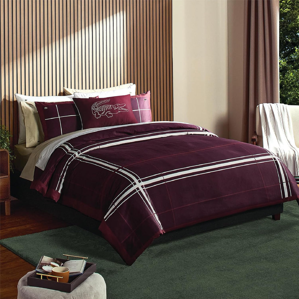Lacoste Playful Checks Cotton Sateen 300-Thread Count Comforter Set – Medium Warmth, Oeko Tex Certified, Machine Washable, Burgundy, Full/Queen