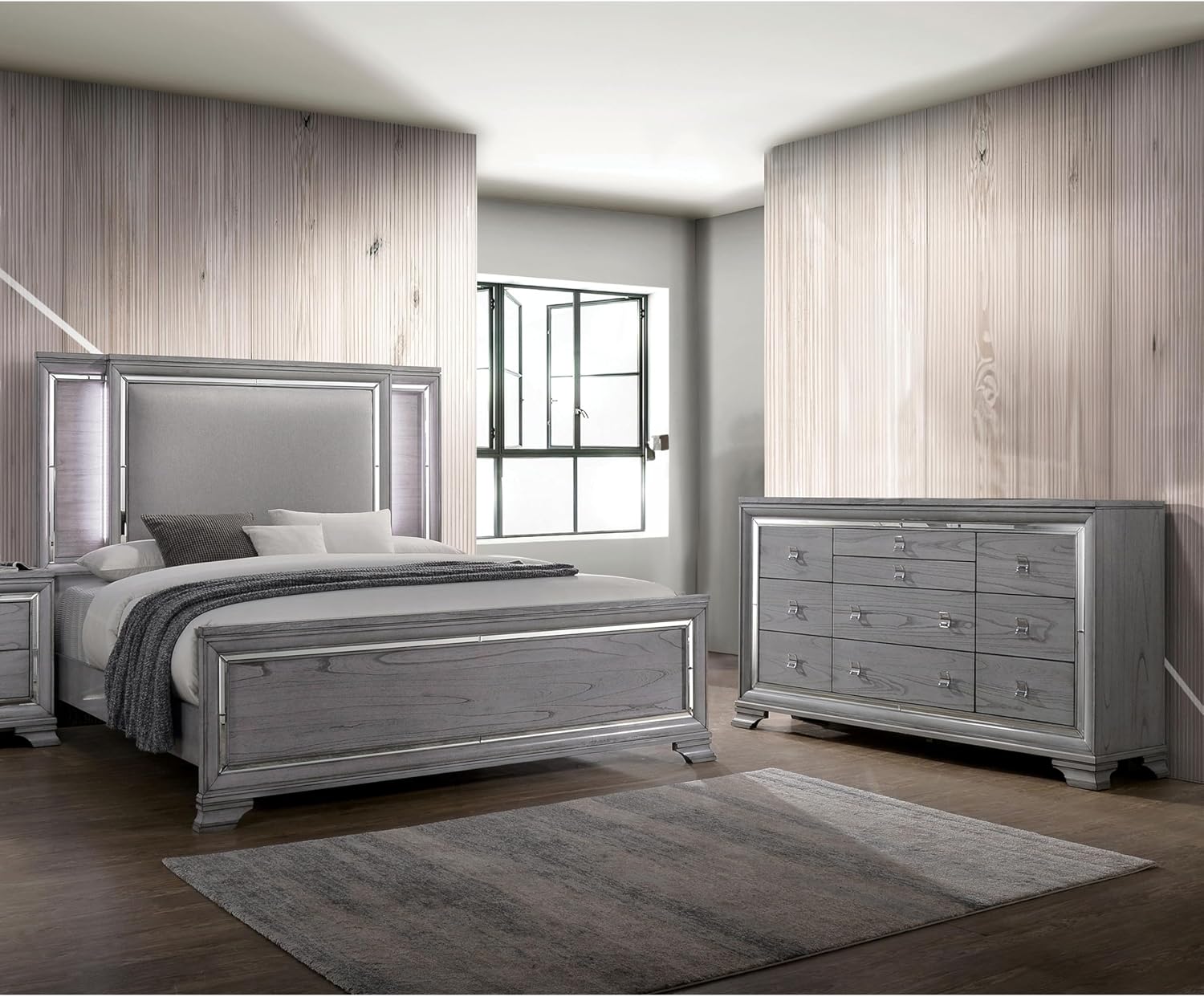 Furniture of America Zenka Wood Frame 2-Piece Bedroom Set, California King-Size Bed with Lighted & Padded Headboard, 10-Drawer Dresser, Felt-Lined Top Storage, Box Spring Required, Light Gray