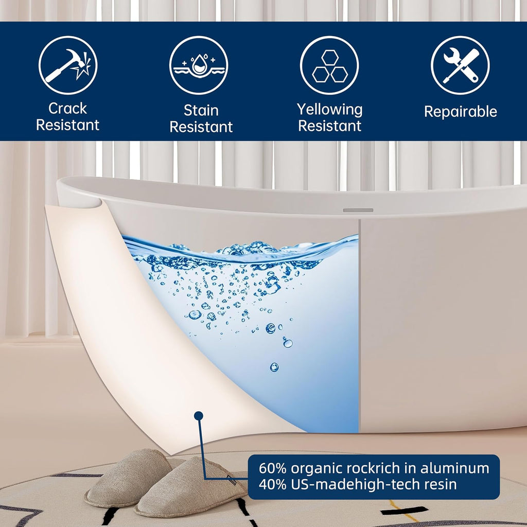 55'' High-back Stone Resin Freestanding Bathtub, Solid Surface Free Standing Tub, Contemporary Soaking Tub, Stand Alone Tub with Pop-up Drain and Overflow, Matte White (Oval)