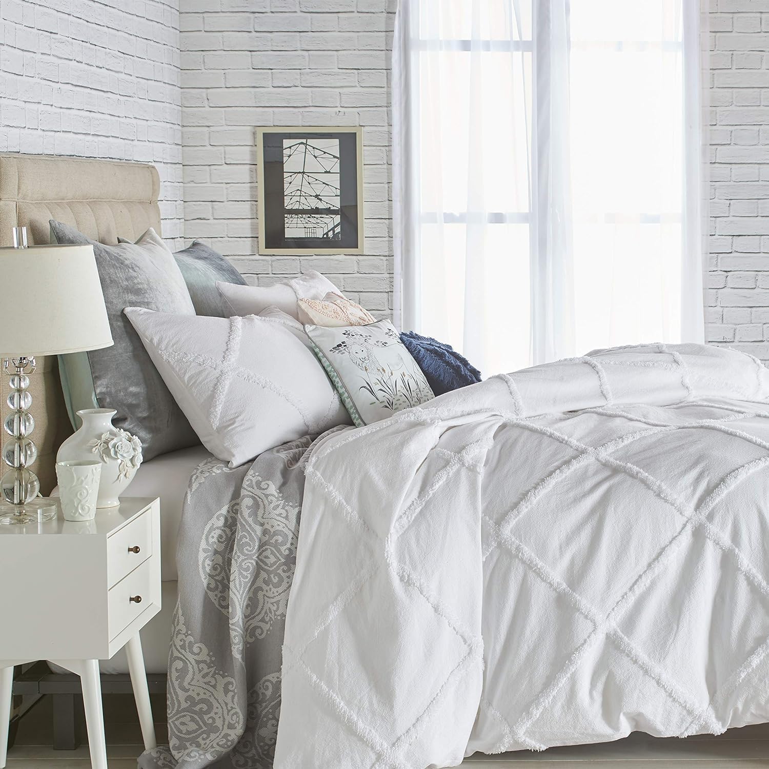 Peri Home Chenille Lattice 100% Cotton 2-Piece Solid Color Comforter and Sham Set, Twin, White