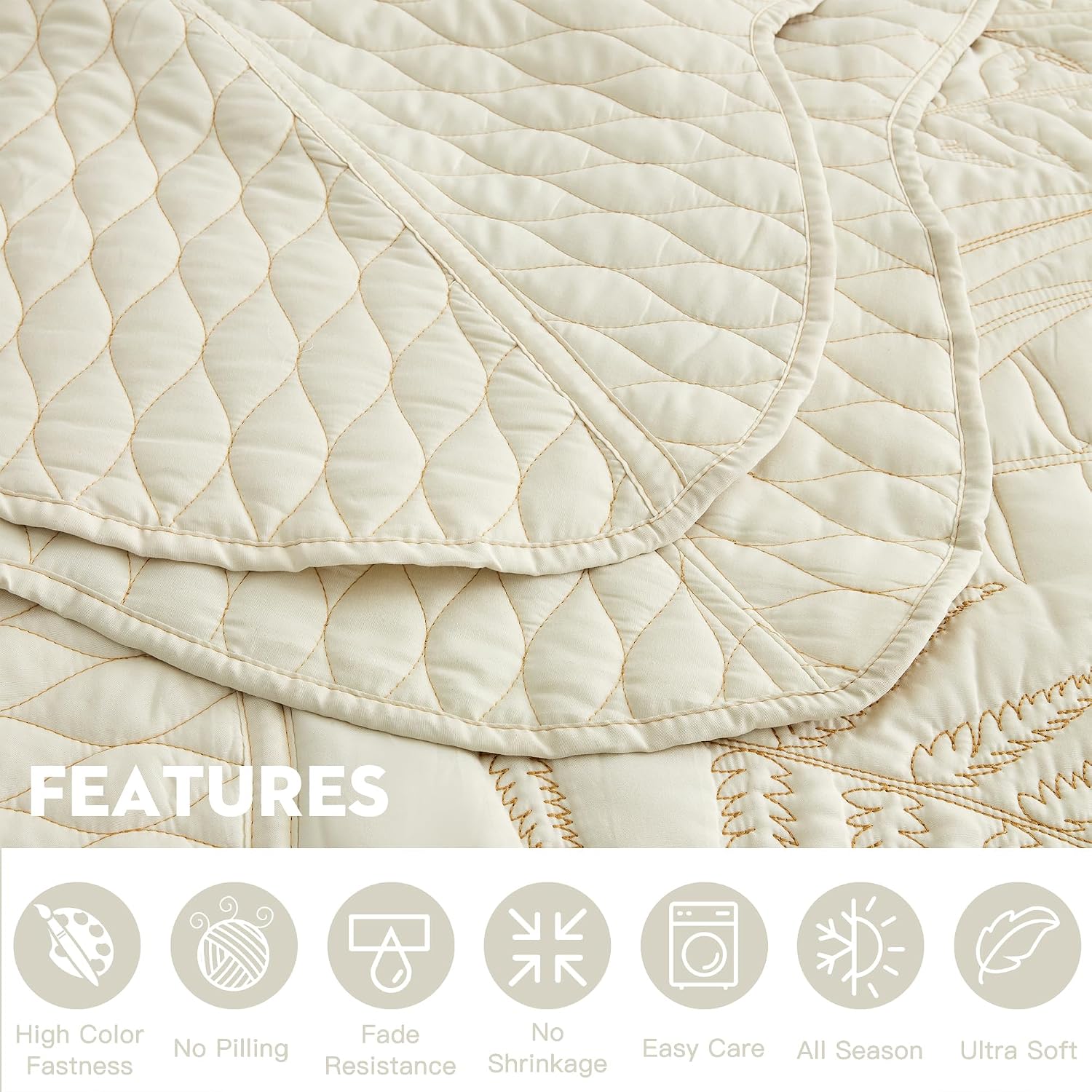 DaisyHuang Botanical Oversized Bedspread Queen Size - Leaves Pattern Stitching Quilt Set - Elegant & Fresh Style Bedding Coverlets, Reversible, Lightweight, 5 Piece, Ivory