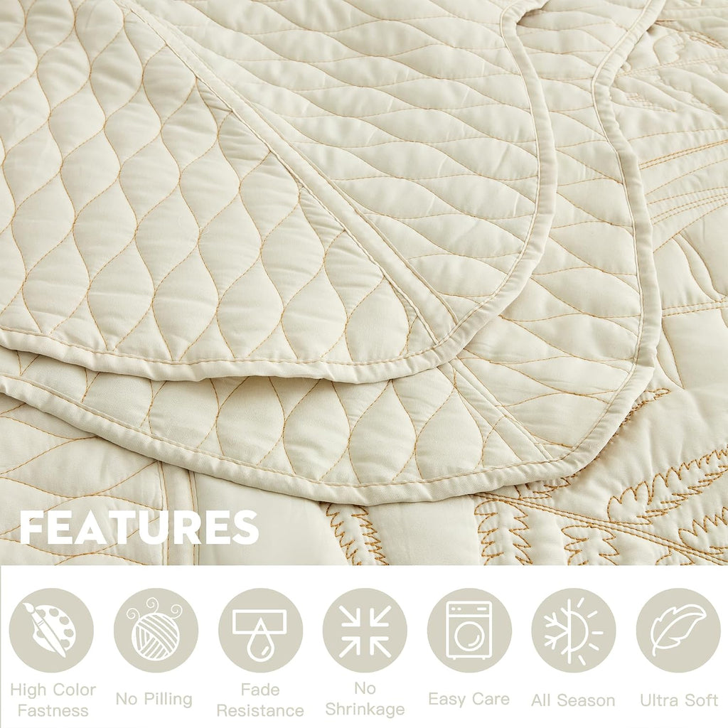 DaisyHuang Botanical Oversized Bedspread King Size - Leaves Pattern Stitching Quilt Set - Elegant & Fresh Style Bedding Coverlets, Reversible, Lightweight, 5 Piece, Ivory