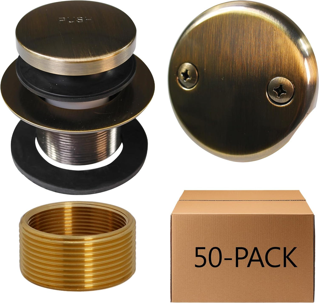 Westbrass D93K-50-06 Universal Fine or Coarse Thread Replacement Bathtub Tip-Toe Drain Plug with 2-Hole Faceplate, 50-Pack, Antique Brass, 50 Count