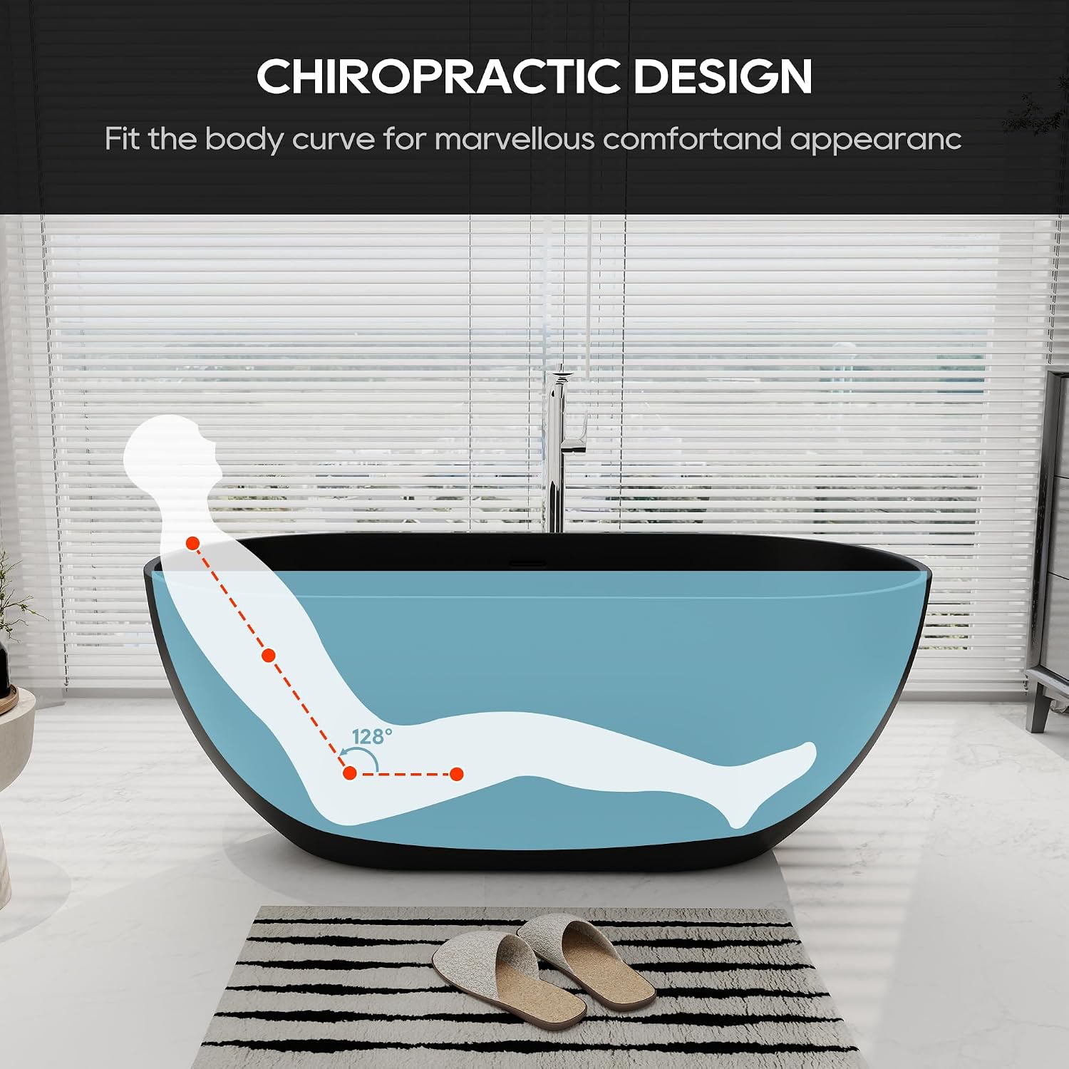 SJ STAR&JANE 59' Solid Surface Freestanding Bathtub Oval Stone Resin Soaking Tub Modern Stand Alone Tub with Overflow & Pop-up Drain, Matte Black for Bathrooms