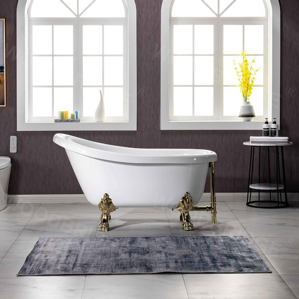 WOODBRIDGE 54' Heavy Duty Acrylic Slipper Clawfoot Bath Tub with Polished Gold Feet + Polished Gold Drain &Overflow