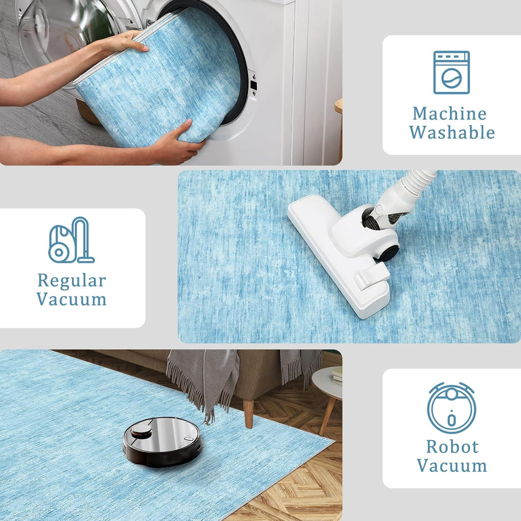 RUGSREAL 8x10 Washable Rug for Living Room Non-Slip Modern Abstract Area Rug Stain Resistant Large Bedroom Rug Contemporary Accent Throw Floor Carpet Solid Rug for Dining Room Home Decor, Blue