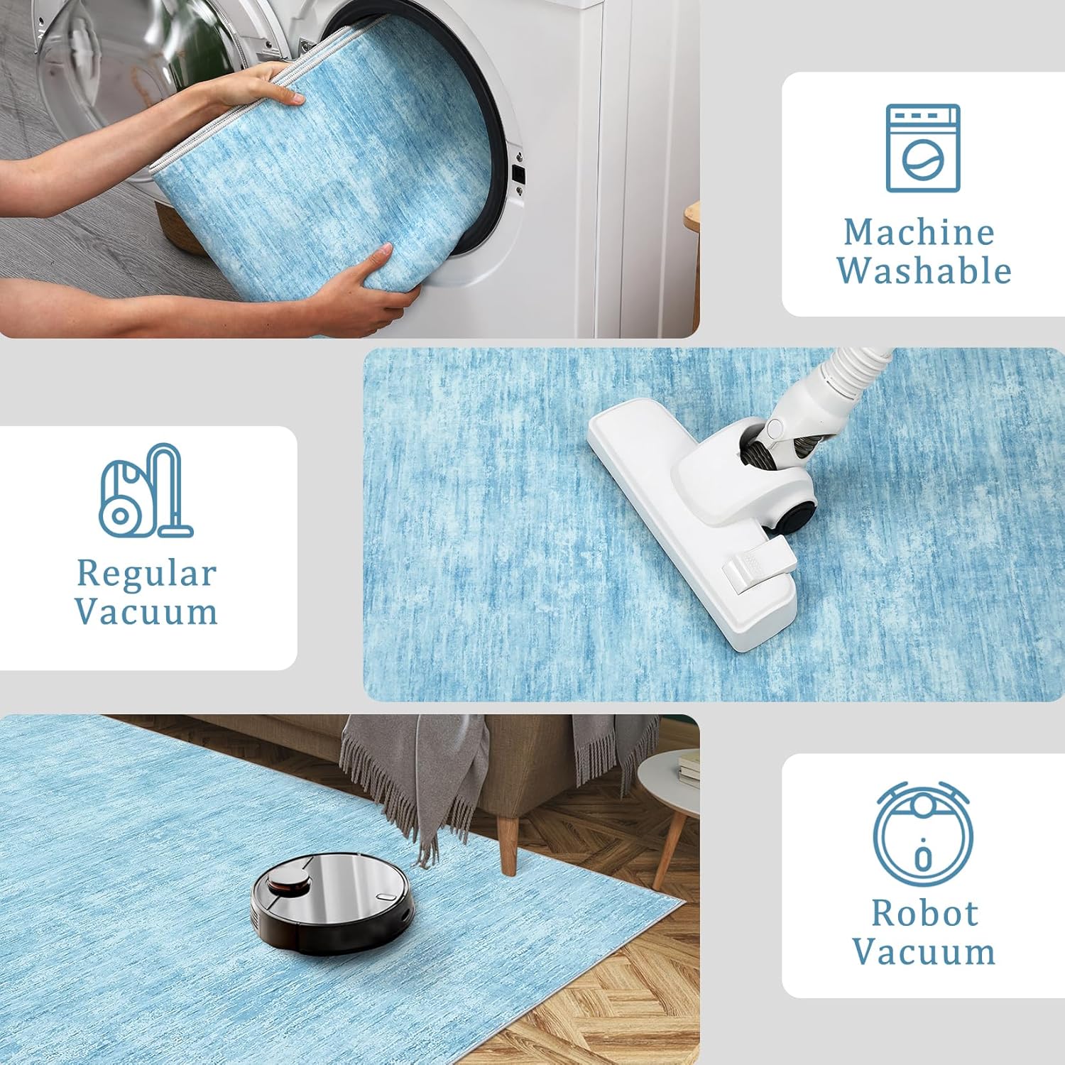 RUGSREAL 8x10 Washable Rug for Living Room Non-Slip Modern Abstract Area Rug Stain Resistant Large Bedroom Rug Contemporary Accent Throw Floor Carpet Solid Rug for Dining Room Home Decor, Blue