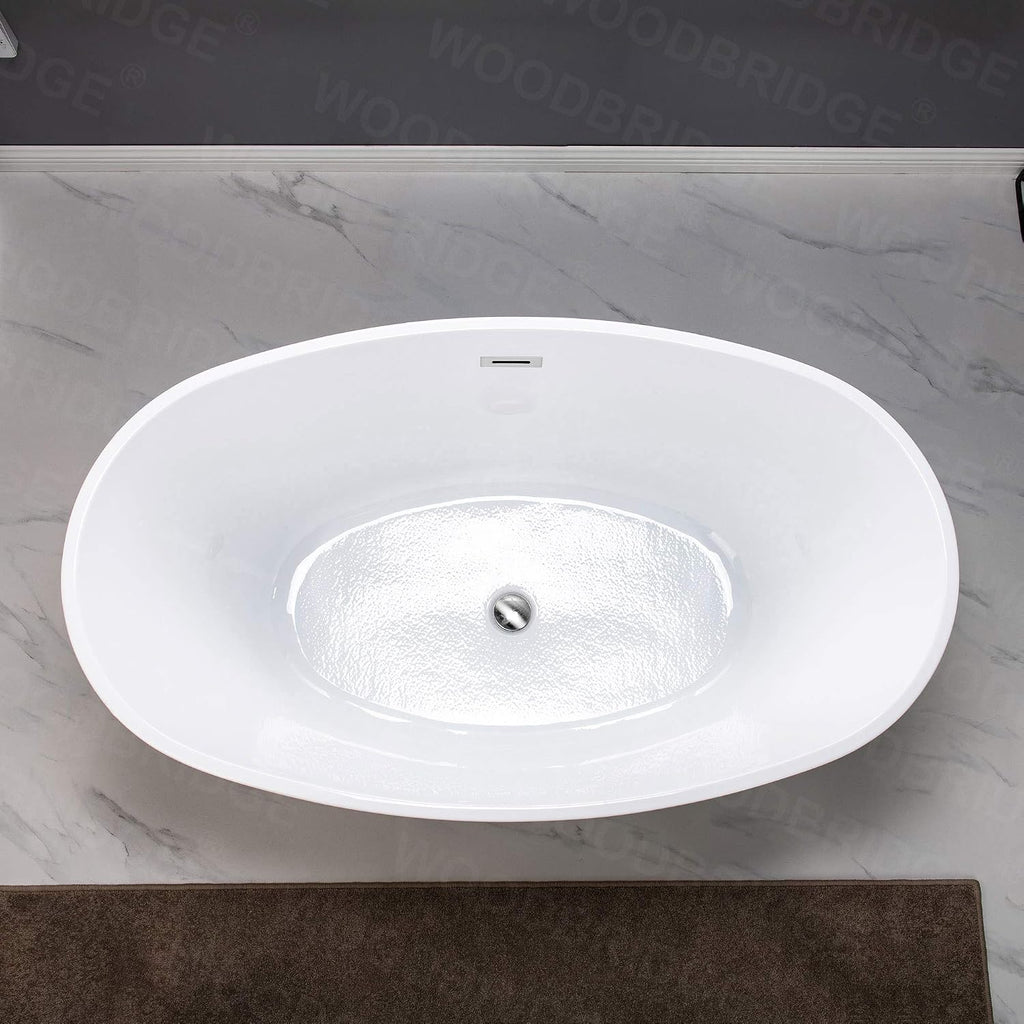 WOODBRIDGE 55' Acrylic Freestanding Bathtub Contemporary Soaking White Tub with Chrome Overflow and Drain，B1418 -C-Drain &O