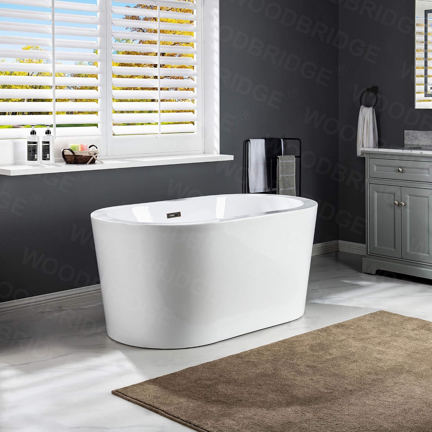 WOODBRIDGE 56' Acrylic Freestanding Bathtub Contemporary Soaking White Tub with Oil Rubbed Bronze Overflow and Drain，B0088 -ORB-Drain &O