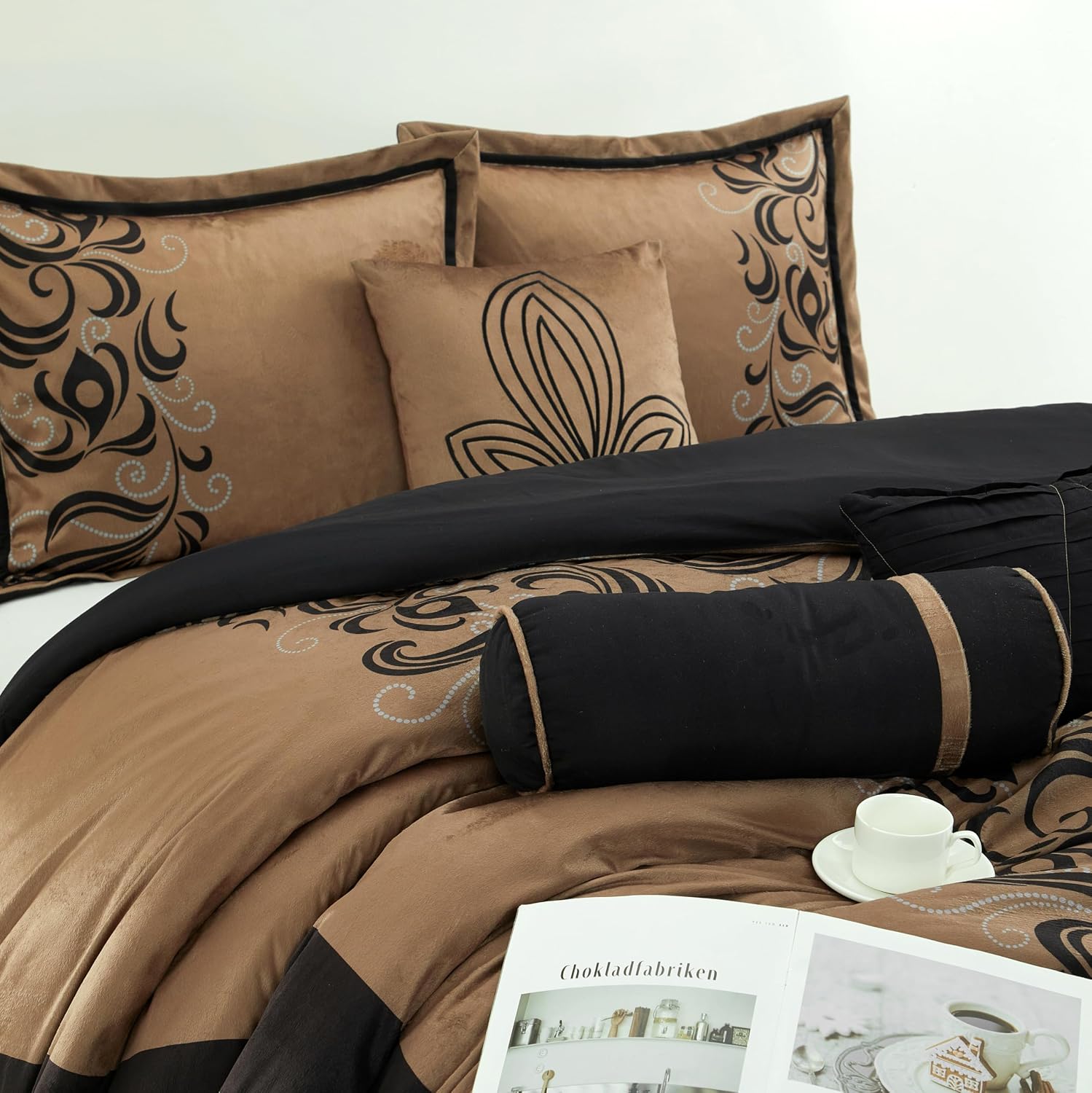 Grand Avenue Brown Floacking & Taffeta Comforter Set Full Size, 7 Pieces Bedding Set, All Season Cozy Comforter, Bedskirt, Pillows & Shams