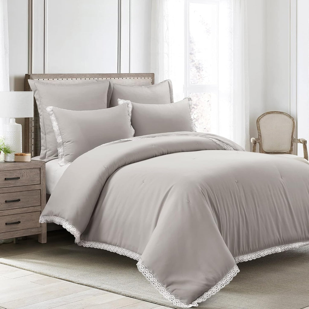 Lush Decor Rosalie Embellished Lace Comforter Set, 5 Piece Set, Full/Queen, Light Gray - Solid Color Bedding Set - Lace Trim Boho - Cottage Core Decor -