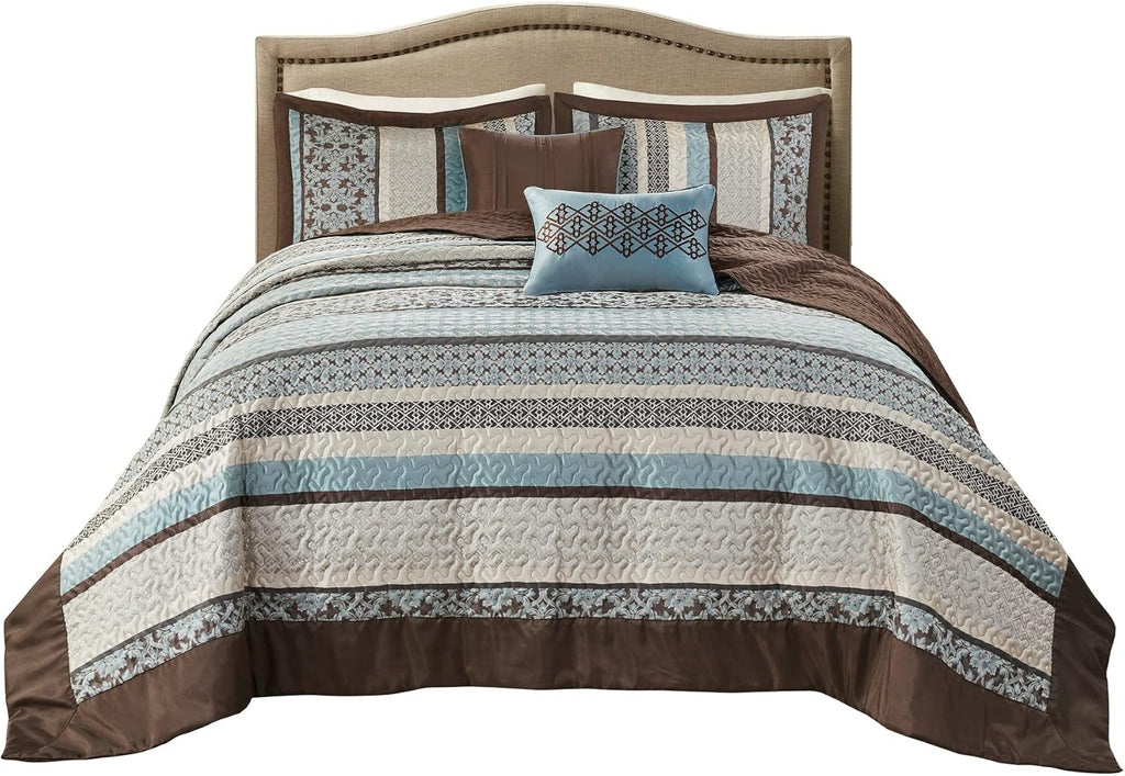 Madison Park Princeton Reversible Quilted Bedspread Set, Solid Reverse Summer Breathable, Lightweight All Season Bedding Layer, Matching Shams, Bedspread King(120'x118'), Blue 5 Piece