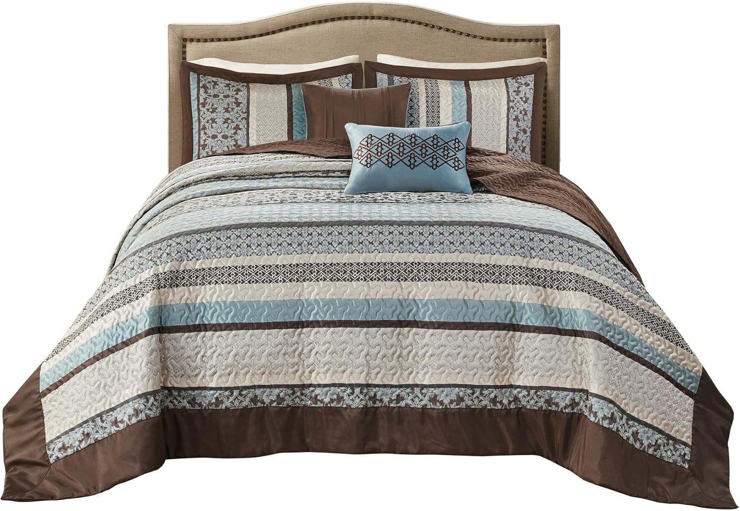 Madison Park Princeton Reversible Quilted Bedspread Set, Solid Reverse Summer Breathable, Lightweight All Season Bedding Layer, Matching Shams, Bedspread King(120'x118'), Blue 5 Piece