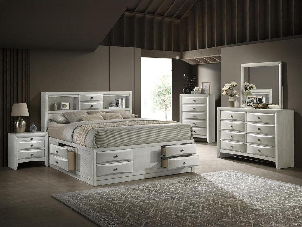 6pc Master Bedroom Set Antique White Finish Solid Wood Platform Queen Size Captain's Bed Wooden Furniture