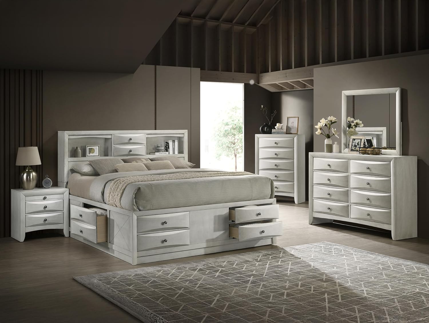 6pc Master Bedroom Set Antique White Finish Solid Wood Platform Queen Size Captain's Bed Wooden Furniture