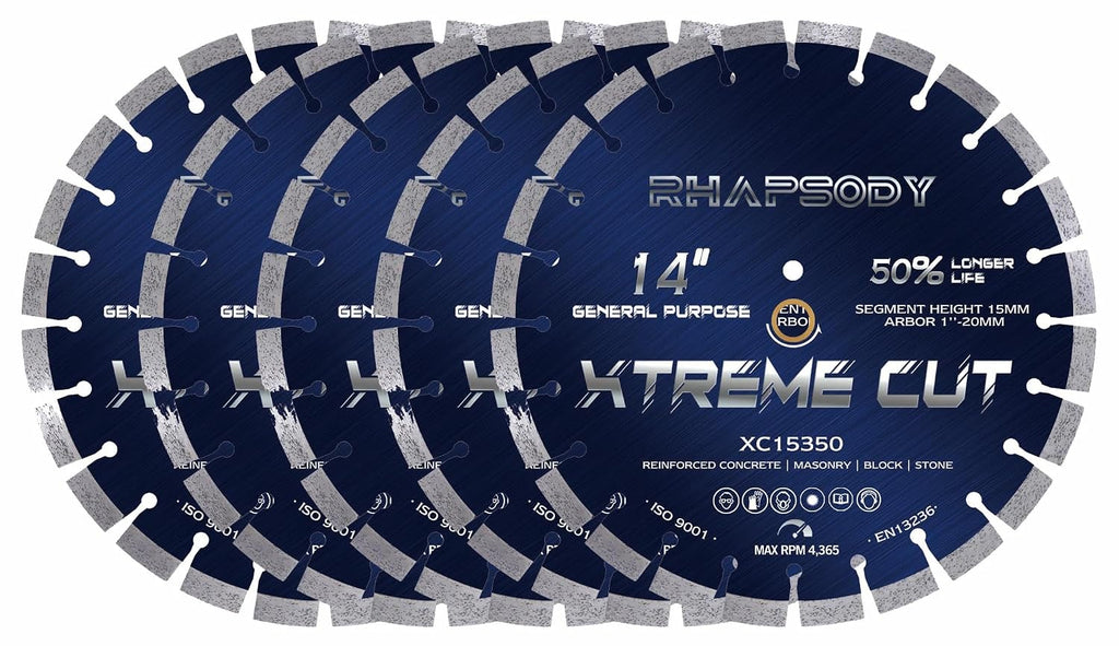 RHAPSODY 14 Inch Diamond Saw Blade 5Pcs, Segmented General Purpose for Dry/Wet Cutting Concrete, Reinforced Concrete, Masonry, Brick, Block - 1'-20mm Arbor