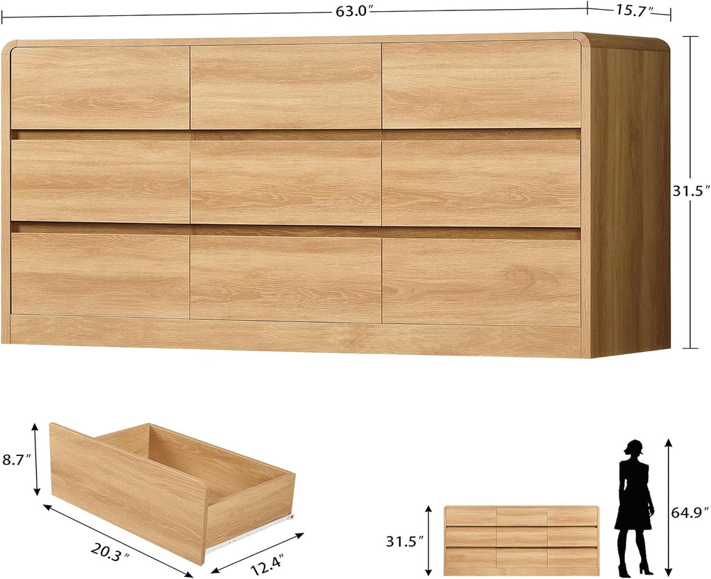 TEENFON 9 Drawer Dresser for Bedroom, 63' Wide Dressers & Chest of Drawers with Curved Profile Design, Wood Closet Storage Dressers Organizer for Bedroom, Living Room, Natural