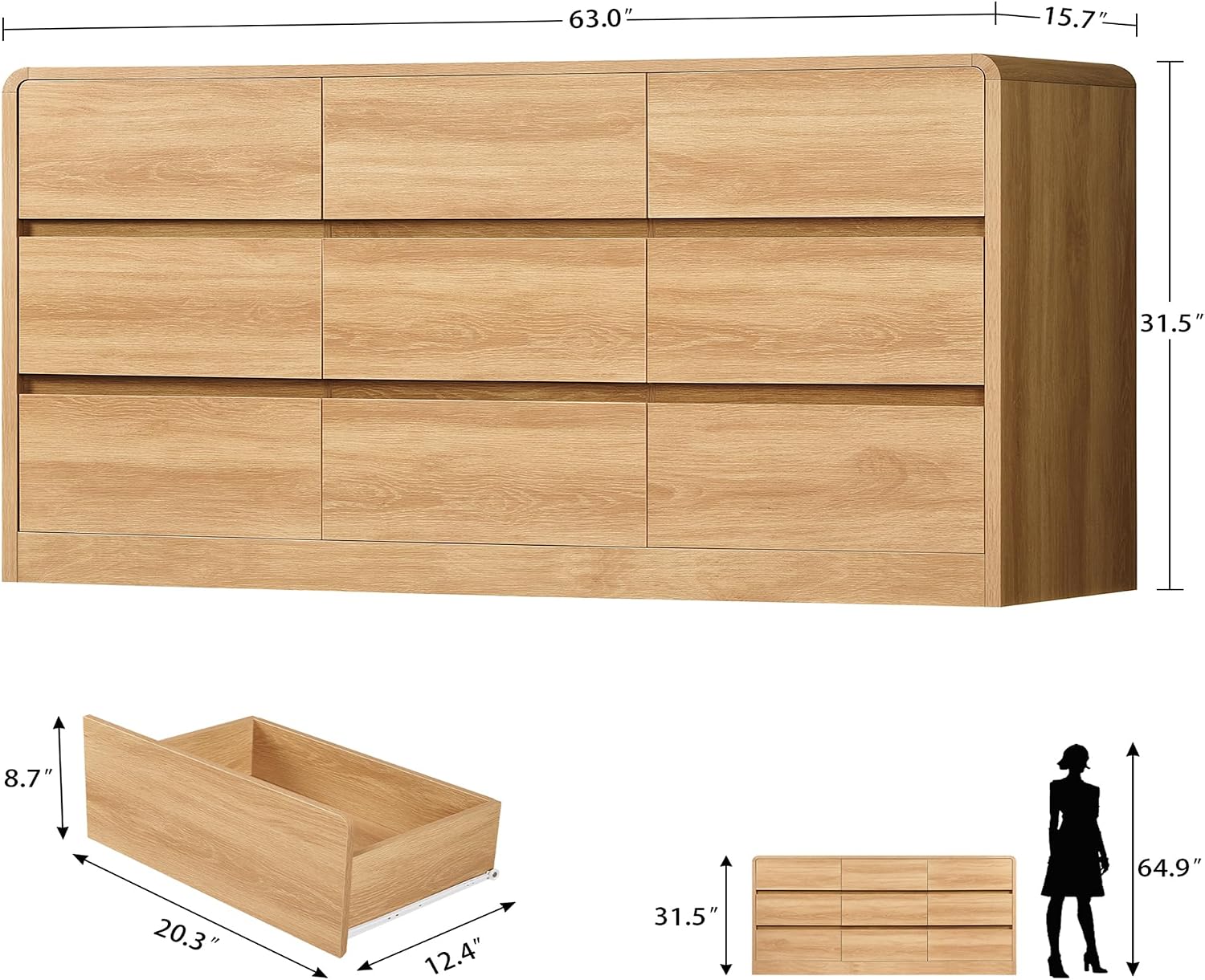 TEENFON 9 Drawer Dresser for Bedroom, 63' Wide Dressers & Chest of Drawers with Curved Profile Design, Wood Closet Storage Dressers Organizer for Bedroom, Living Room, Natural