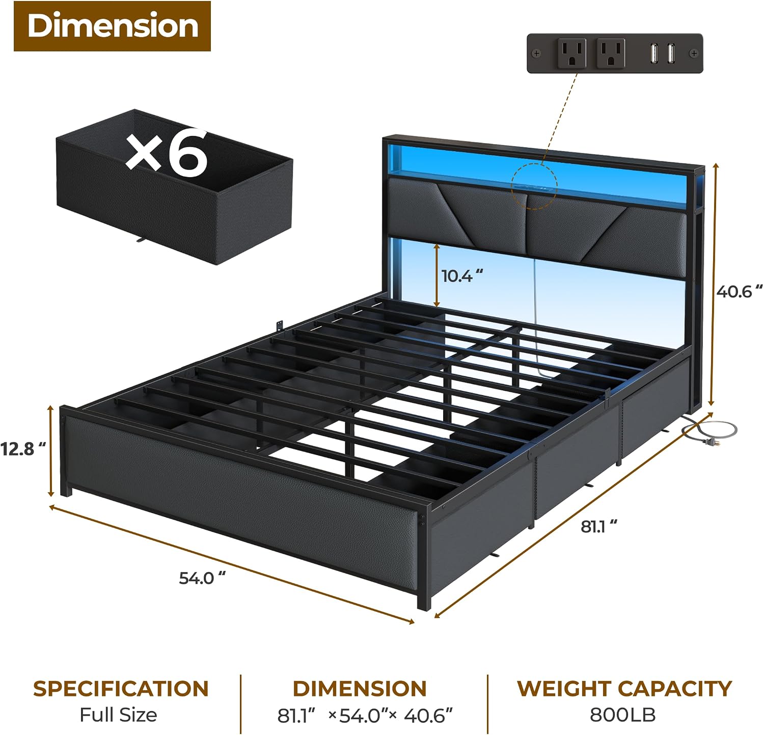 Forestell Full Size Bed Frame with Headboard 2-Tier Storage, PU Leather Upholstered Platform Bed Frame Full with 6 Storage Drawers, Charging Station and LED Lights, No Box Spring Needed, Noise Free