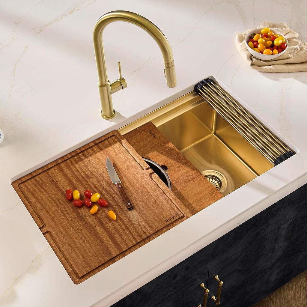 Ruvati 33-inch Polished Brass Matte Gold Stainless Steel Workstation Two-Tiered Ledge Undermount Kitchen Sink - RVH6222GG
