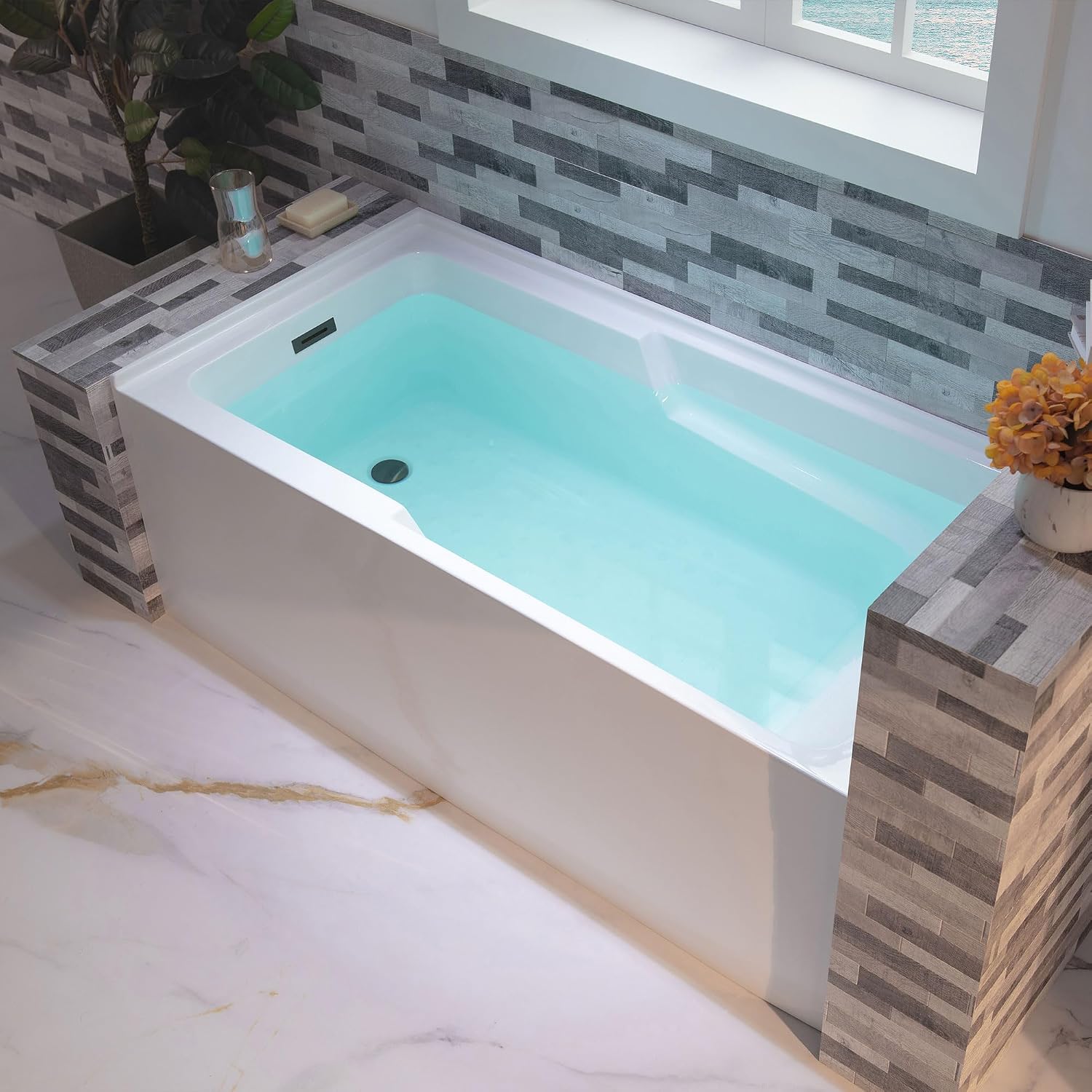 WOODBRIDGE 54' Acrylic Rectangular Alcove Soaking Bathtub in White with Left Drain, Matte Black pop-UP Drain Included BA5430L